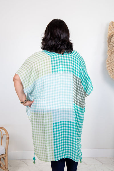 Green Multi Color Gingham Kimono