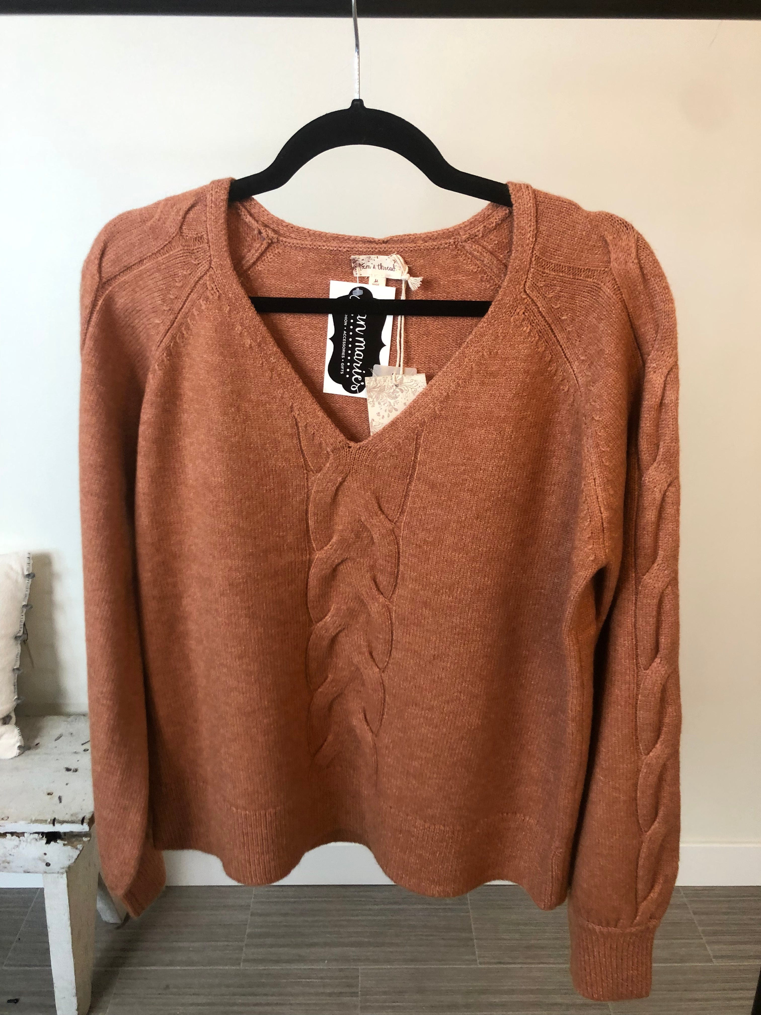 Rust V-Neck Textured Sleeve Sweater