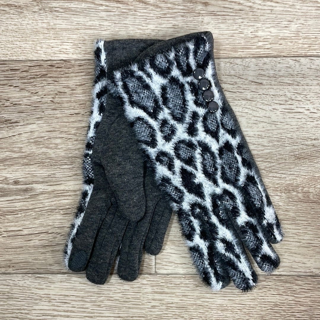Grey Fuzzy Leopard Gloves