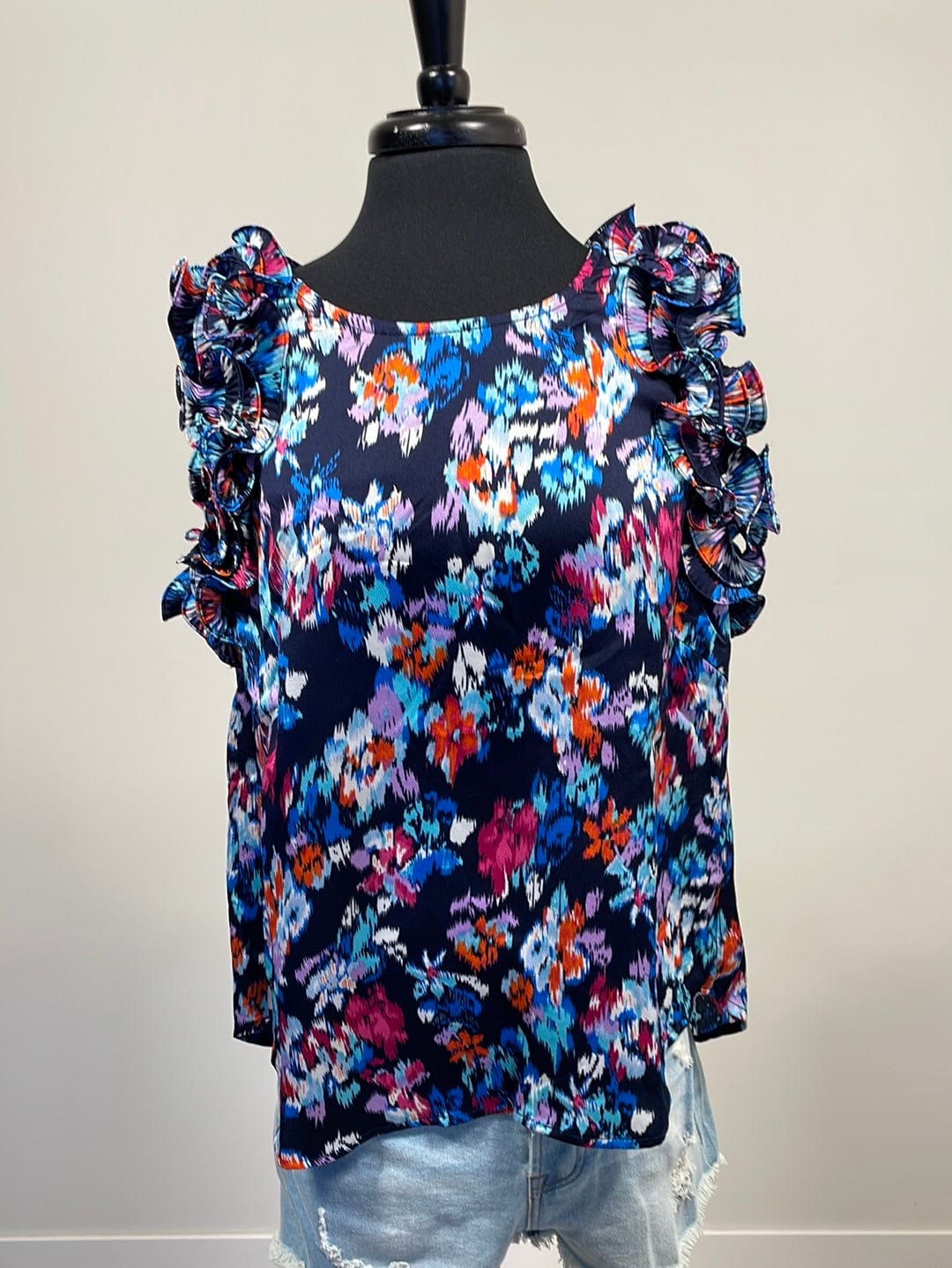 Navy Mix Pleating Detail Sleeveless Top