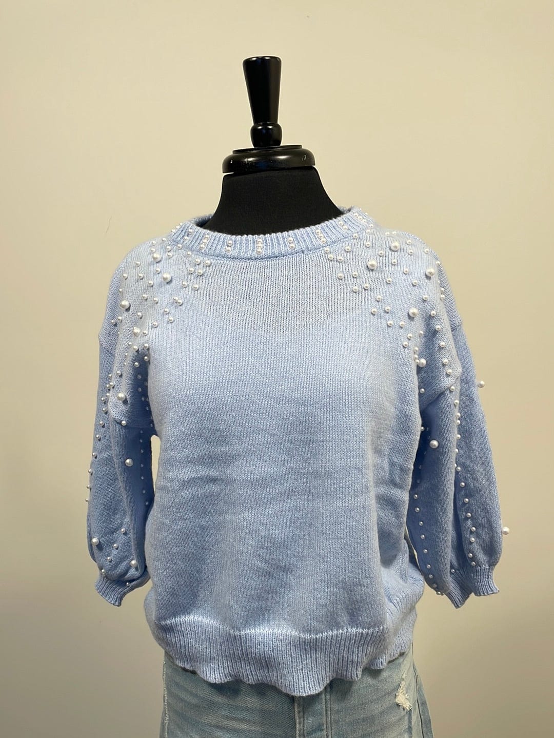 Light Blue Pearl Short Sleeve Sweater
