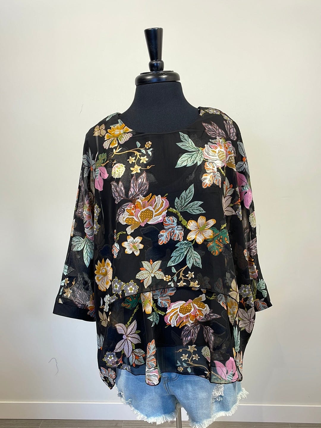 Black Floral Satin Layered Blouse