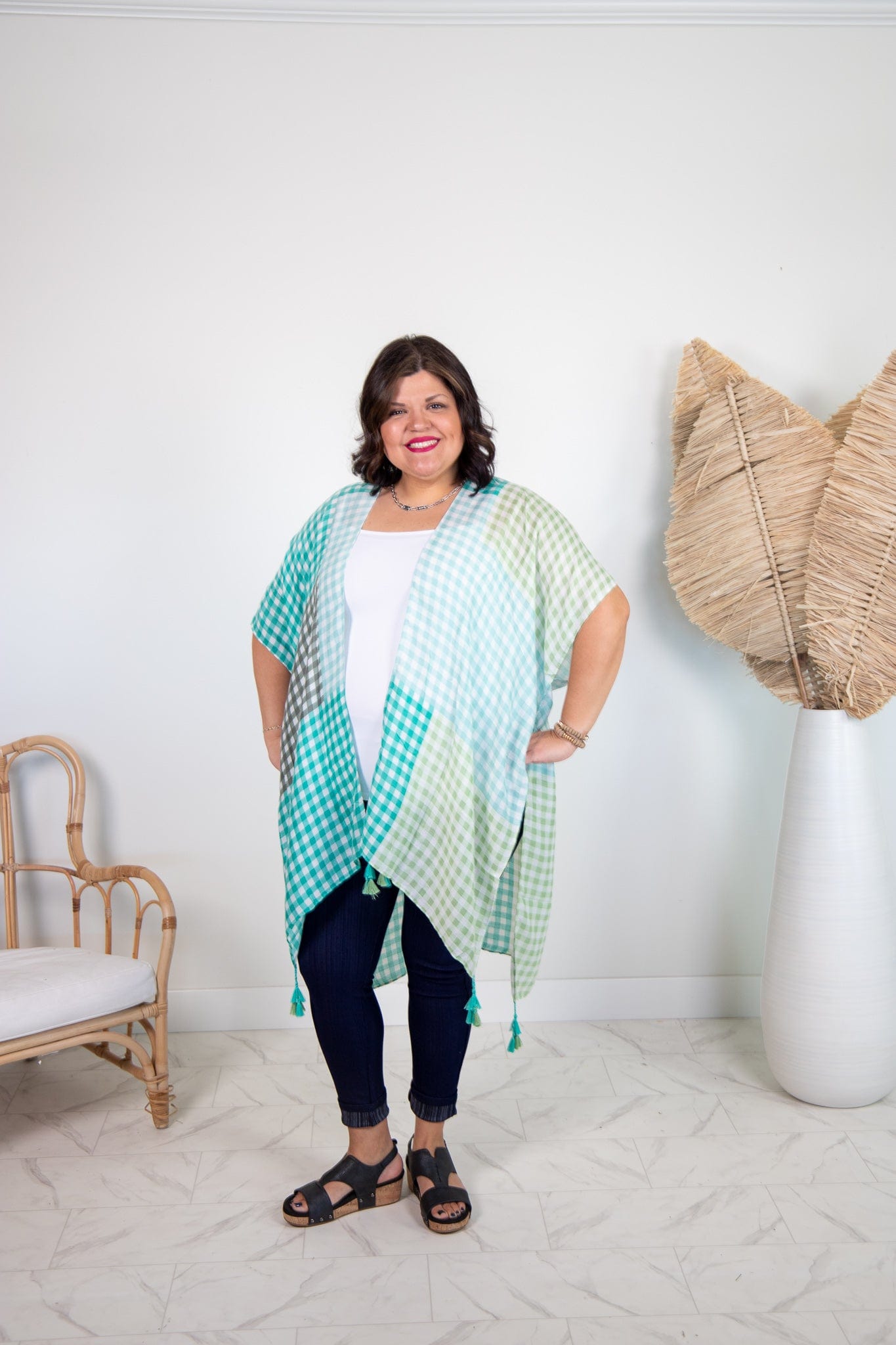 Green Multi Color Gingham Kimono