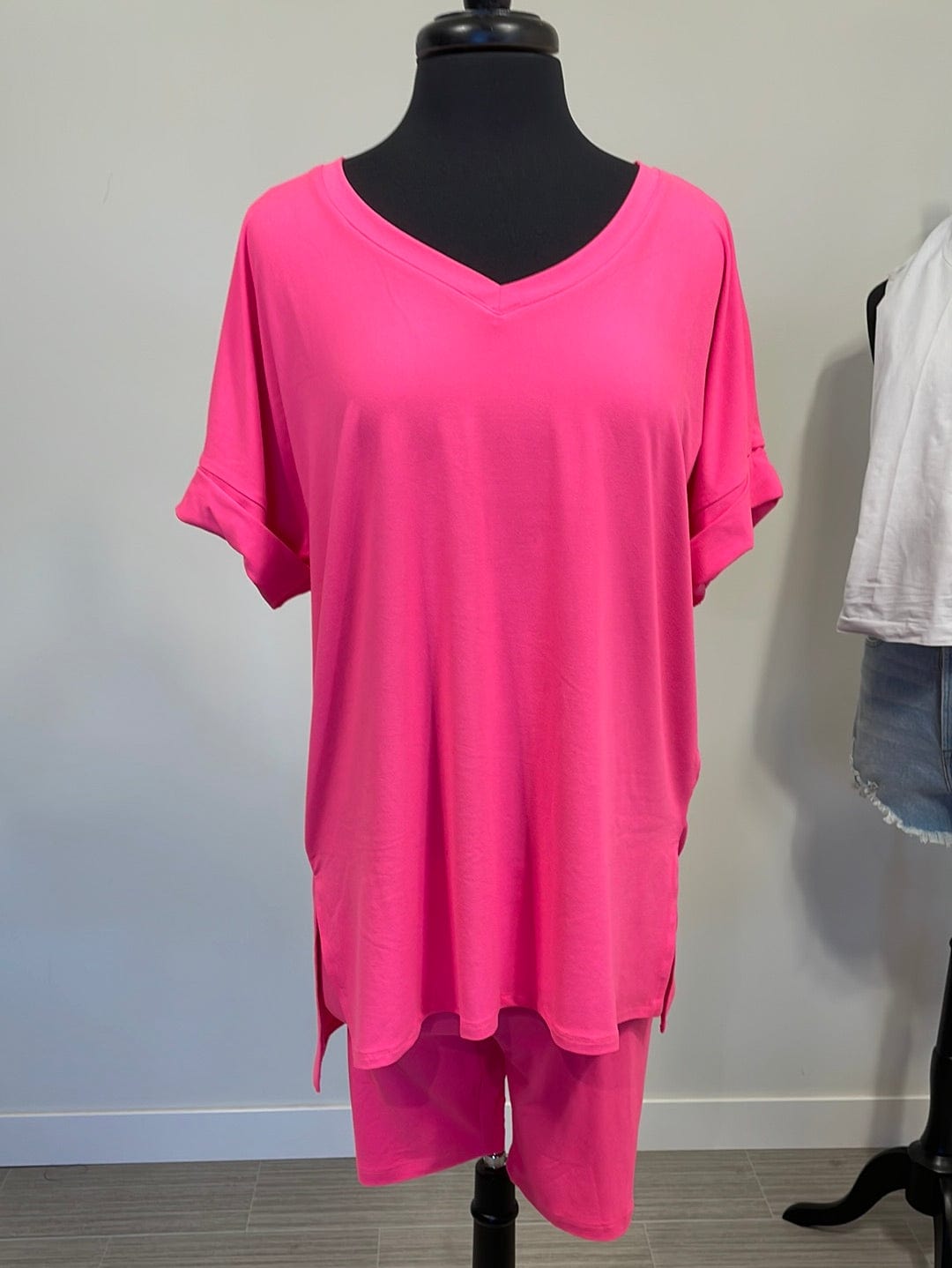Neon Fuchsia Neck Top & Biker Short Set
