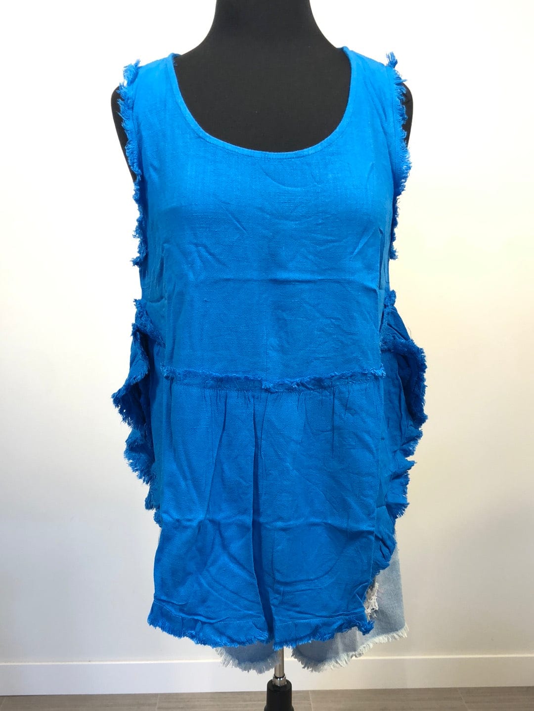 Ocean Blue Frayed Hi-Low Ruffle Tank