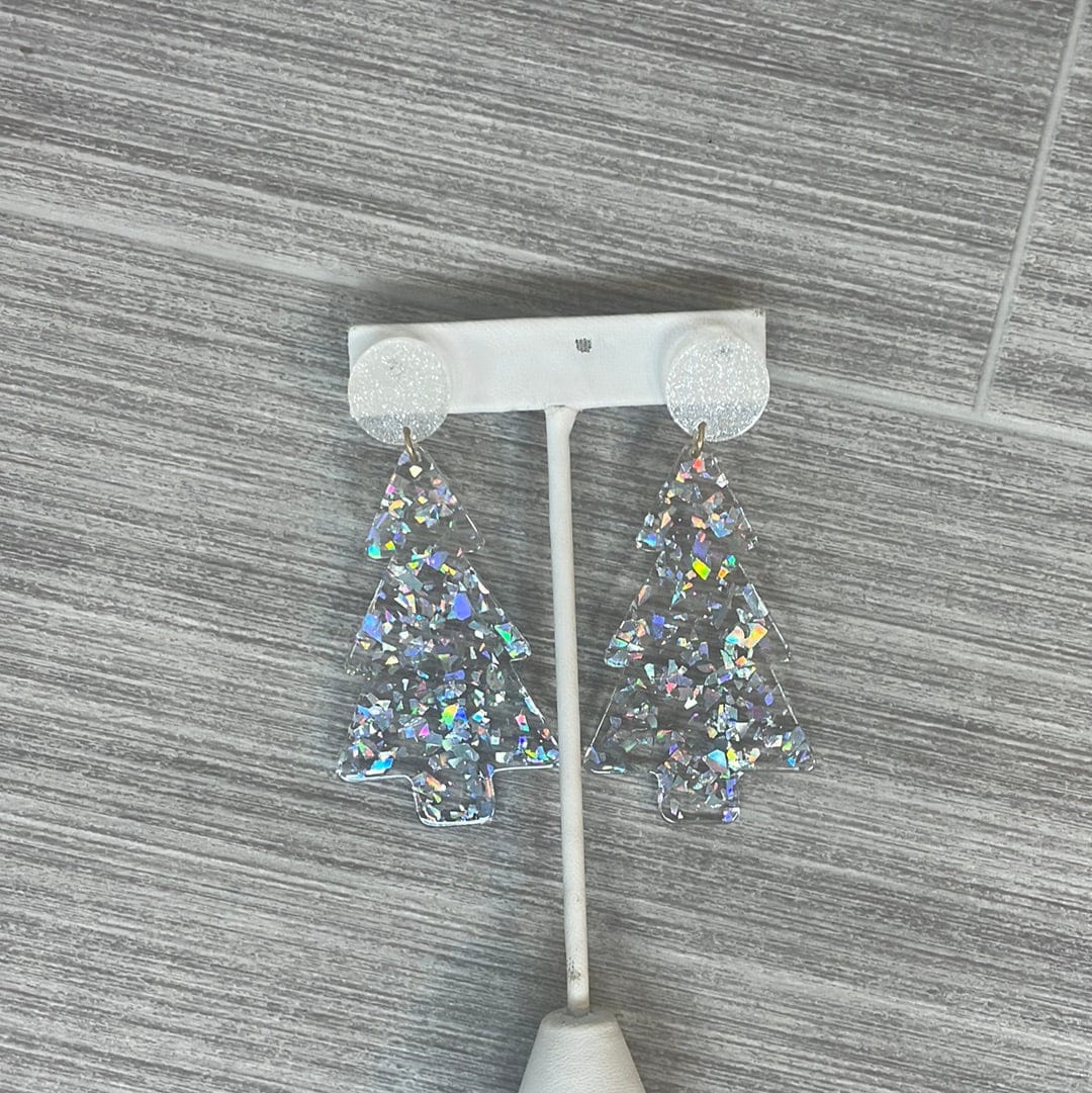 Silver Glitter Tree Post Earring