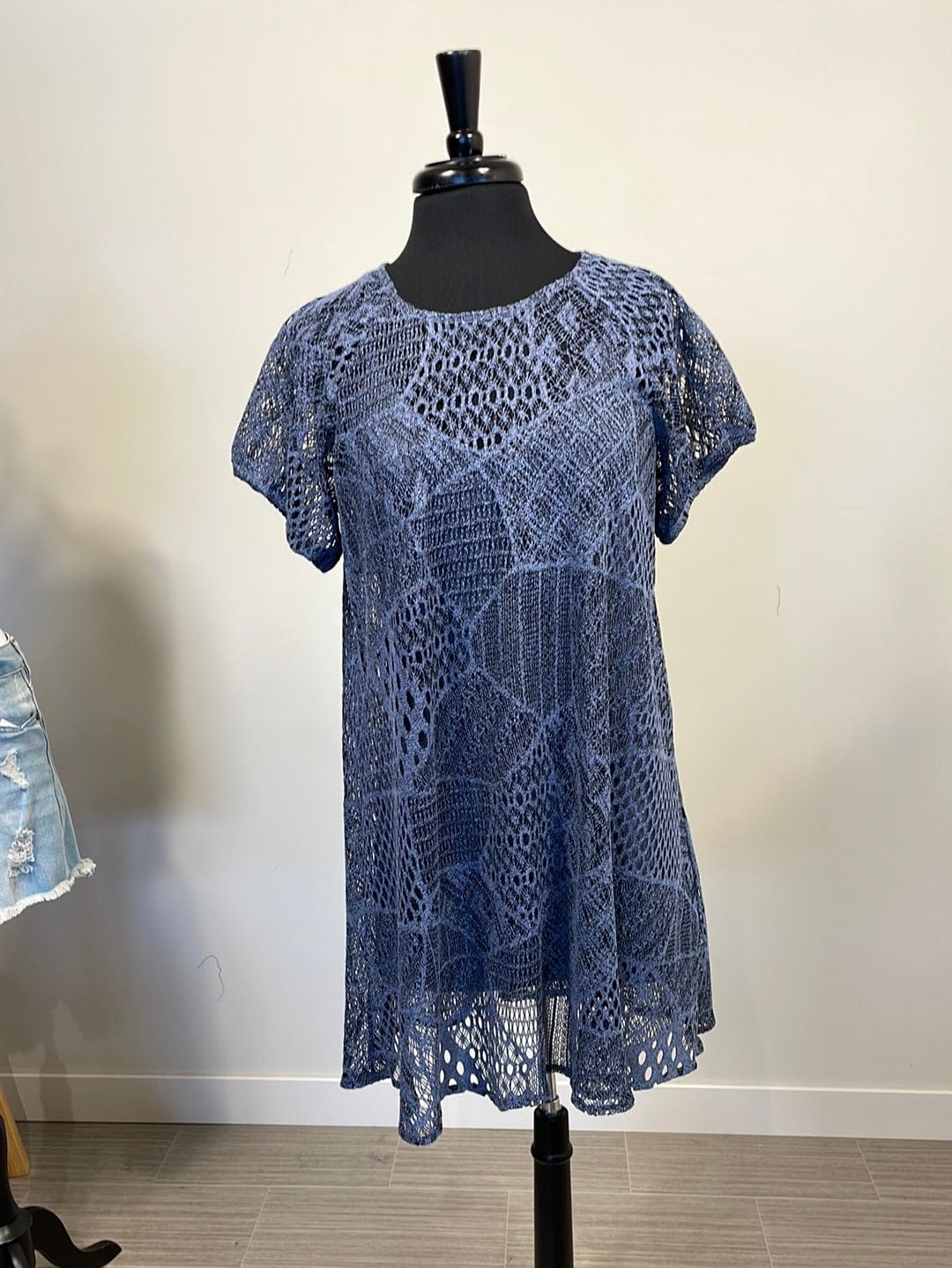 Navy Stretch Net Lace Dress w/Lining