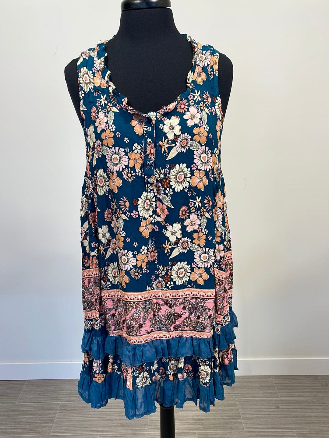 Teal Floral Print Ruffle Hem Dress