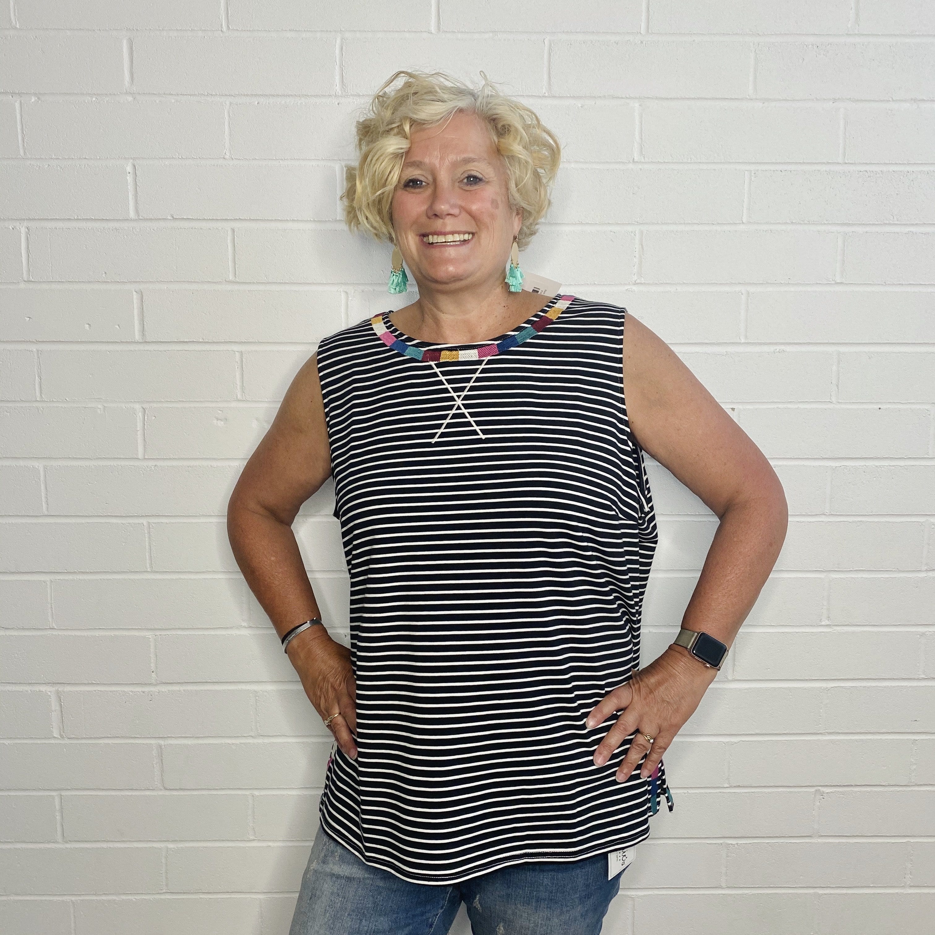 Black Stripe Embroidered Tank