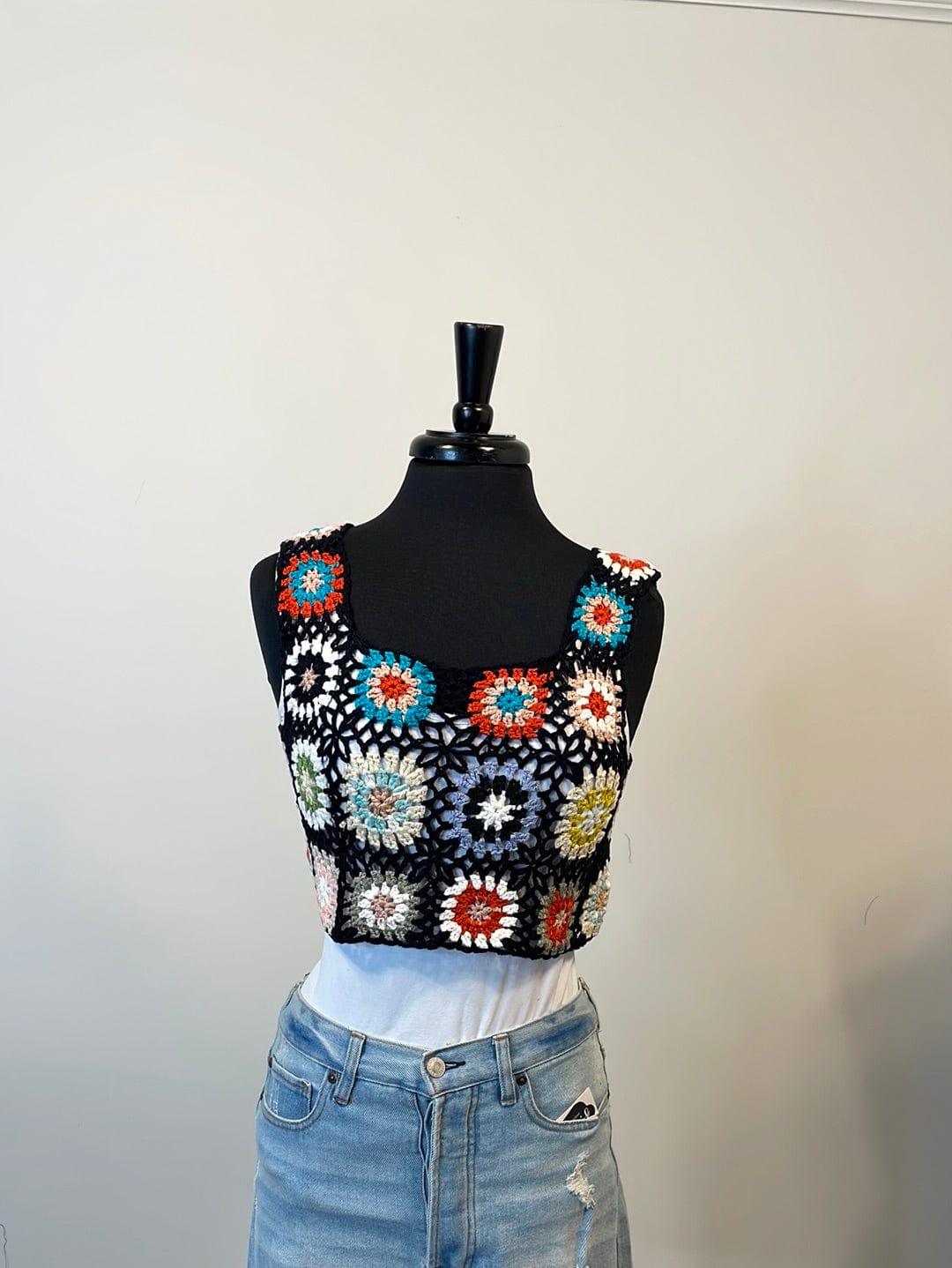 Black Multi Color Crochet Top