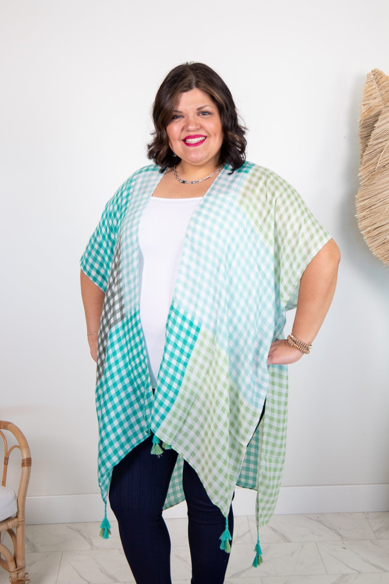 Green Multi Color Gingham Kimono