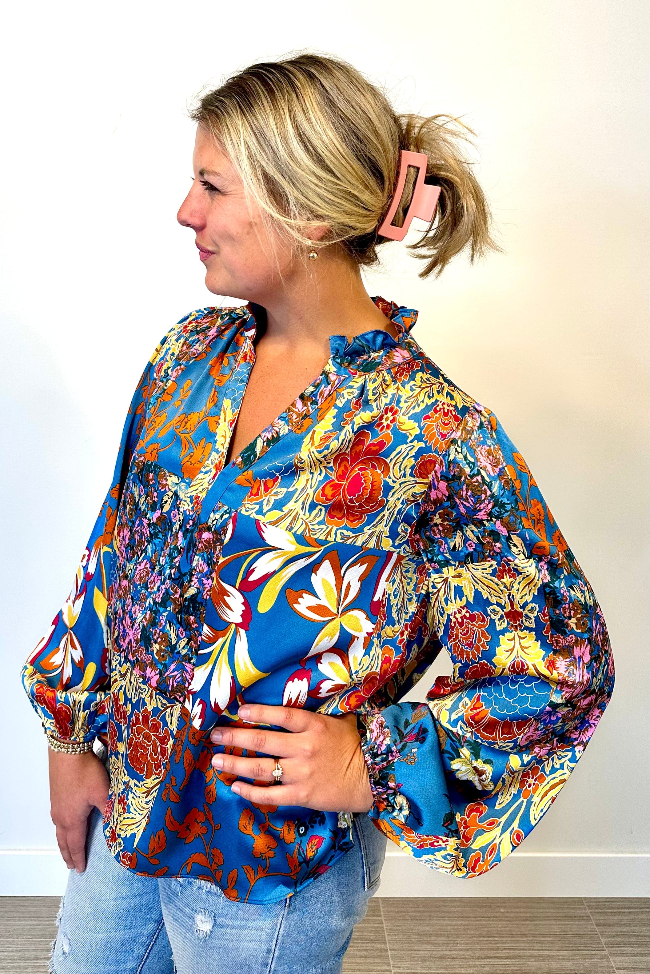 Teal Floral Patchwork Blouse