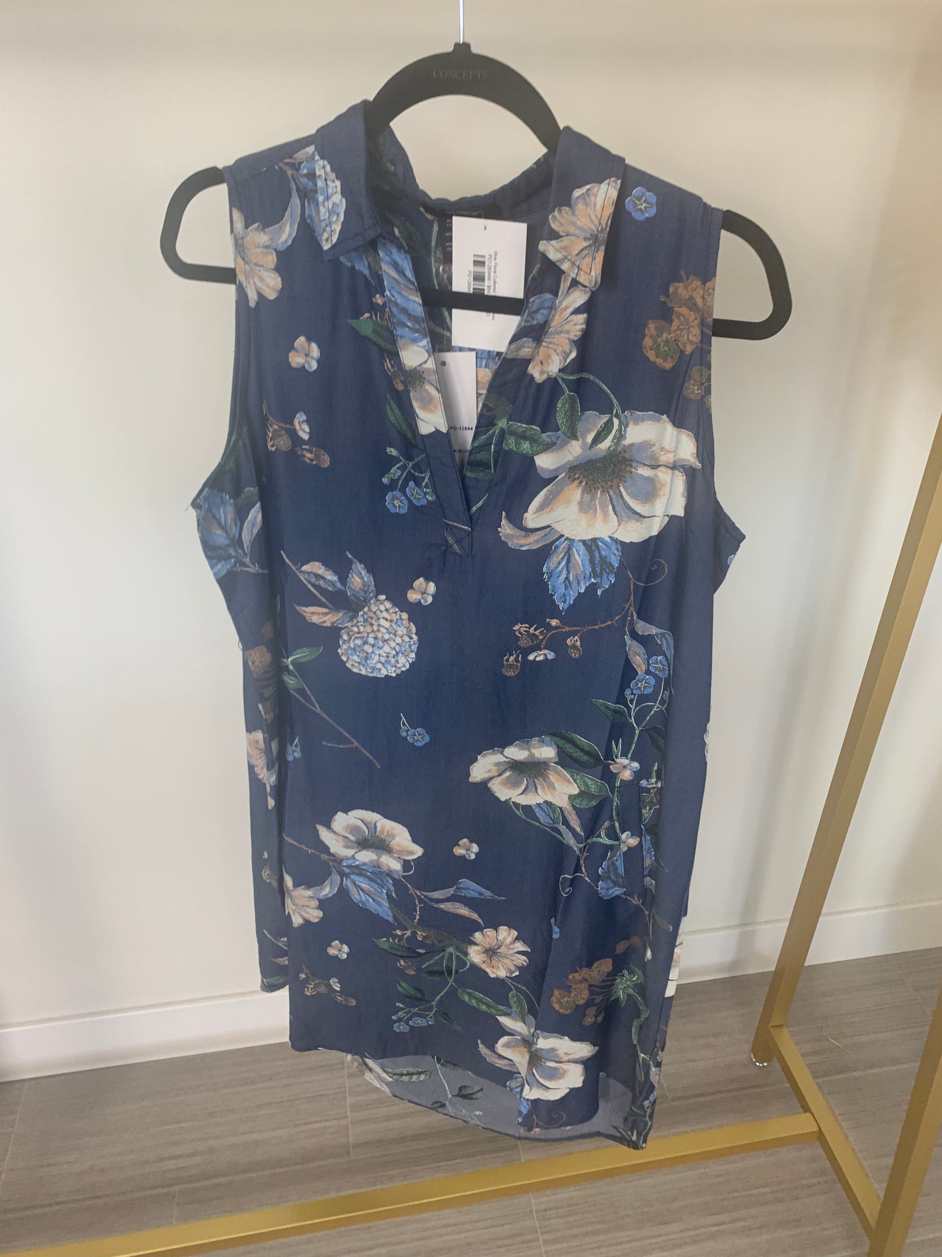 Blue Floral Collared Tencel Dress