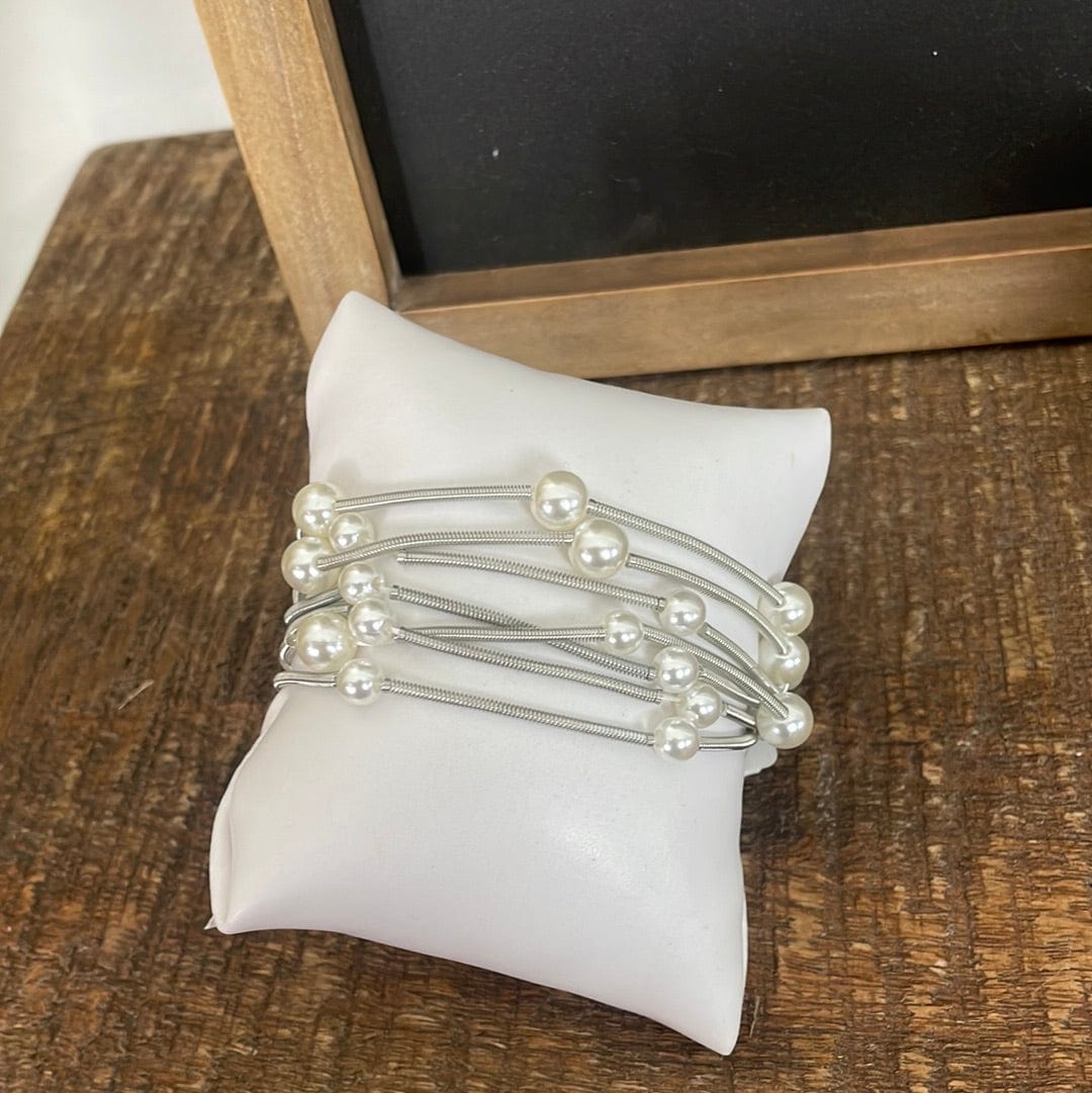Silver Guitar String & Pearl 7pc Bracelet Set