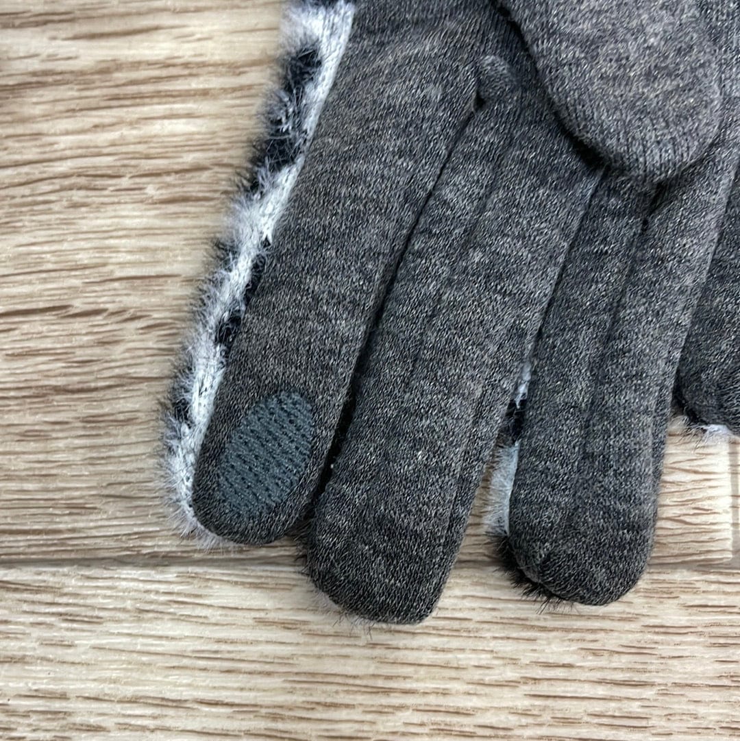 Grey Fuzzy Leopard Gloves