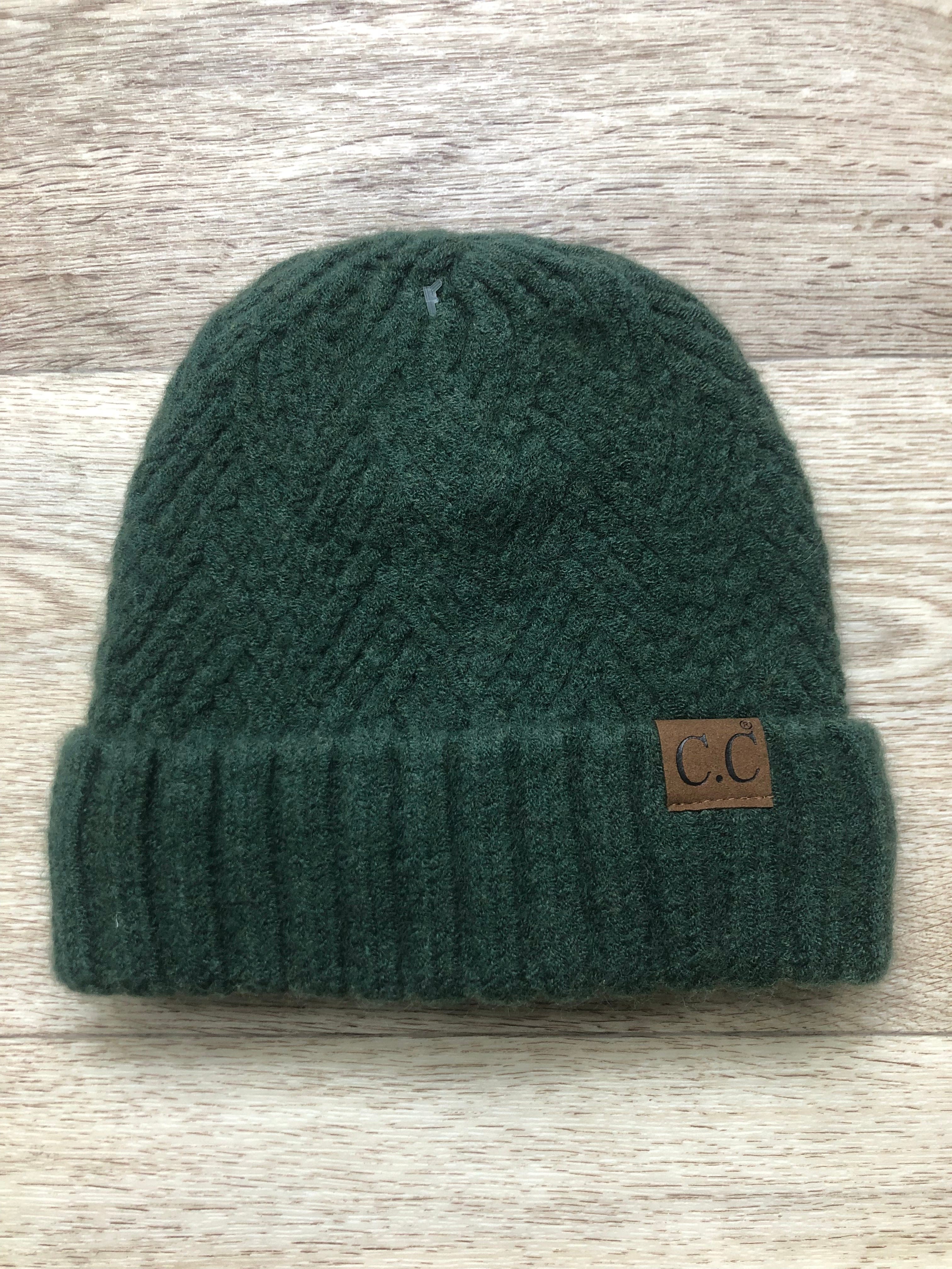 Olive Green Criss-Cross Stripe Cuff Beanie